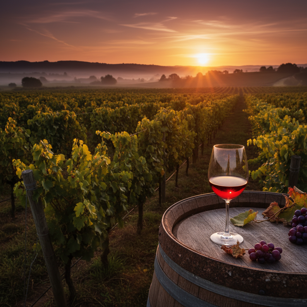 Vinhedo exuberante ao pôr do sol com taça de vinho e barril de carvalho, representando a beleza e os mistérios por trás das uvas e do vinho.