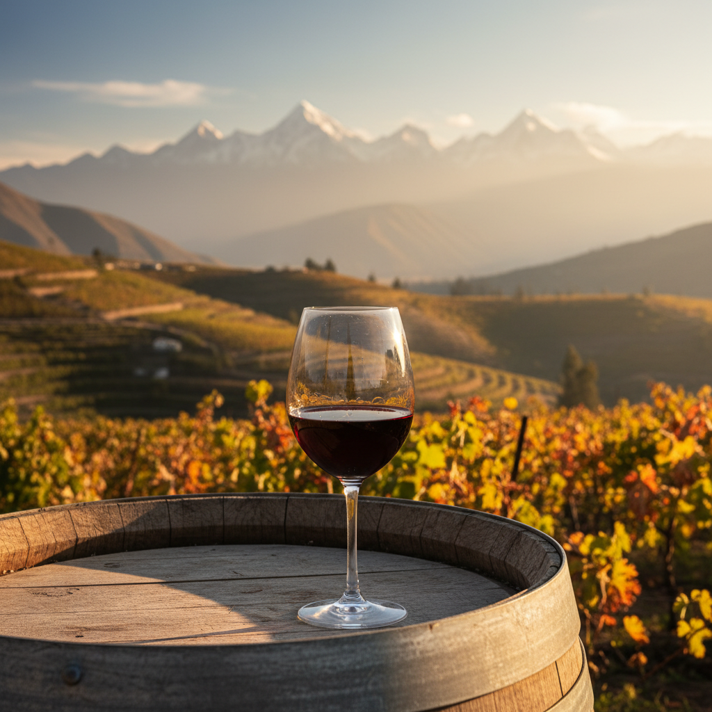 Vinhedo de altitude nos Andes, com uma taça de vinho tinto sobre um barril de madeira, simbolizando a viticultura emergente da Colômbia e Equador.