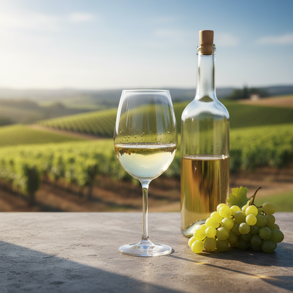 Taça de vinho branco gelado e garrafa em bancada de pedra, com cachos de uva e vinhedo ensolarado ao fundo.