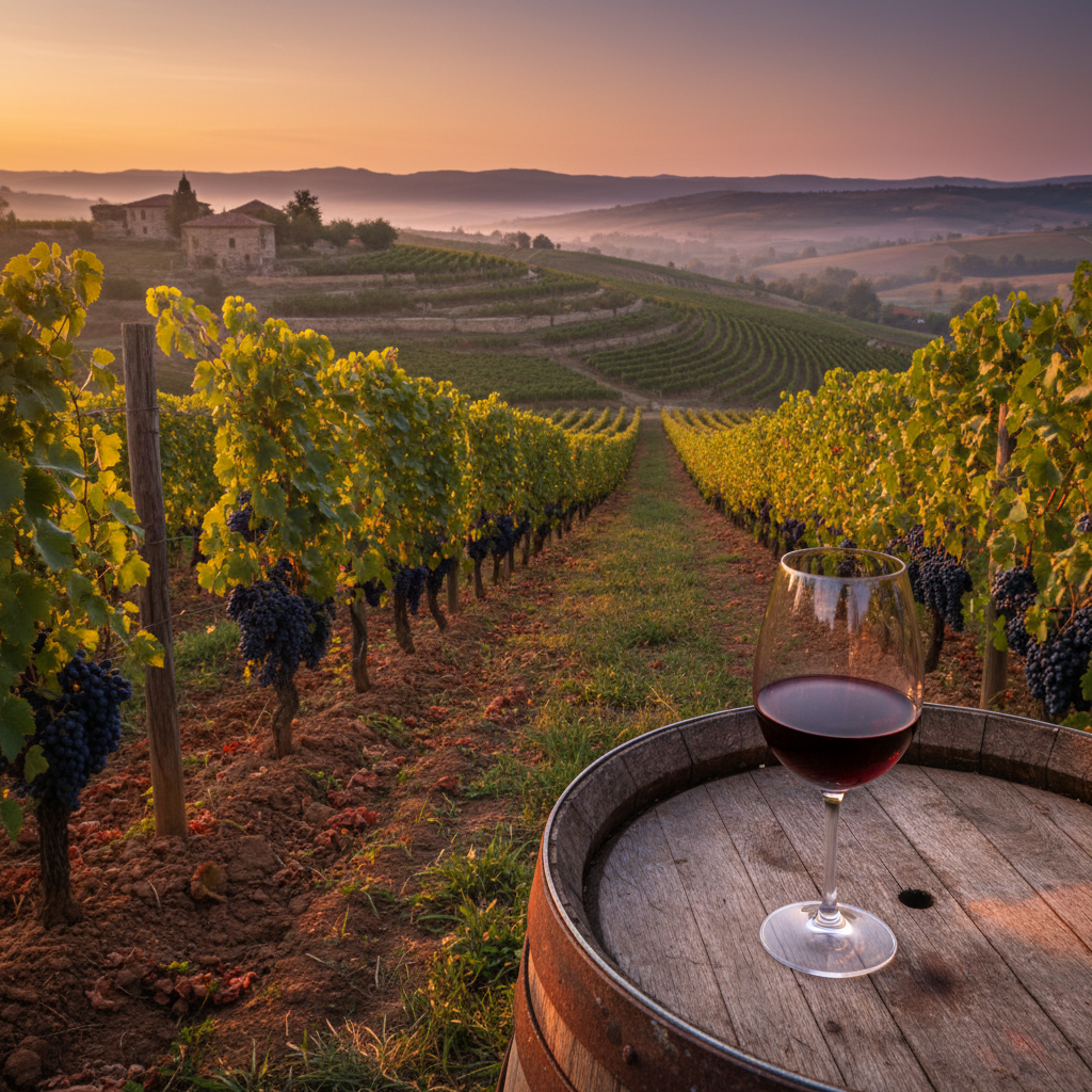 Taça de vinho tinto sobre barril de madeira em um vinhedo búlgaro ao pôr do sol, com paisagem montanhosa ao fundo.