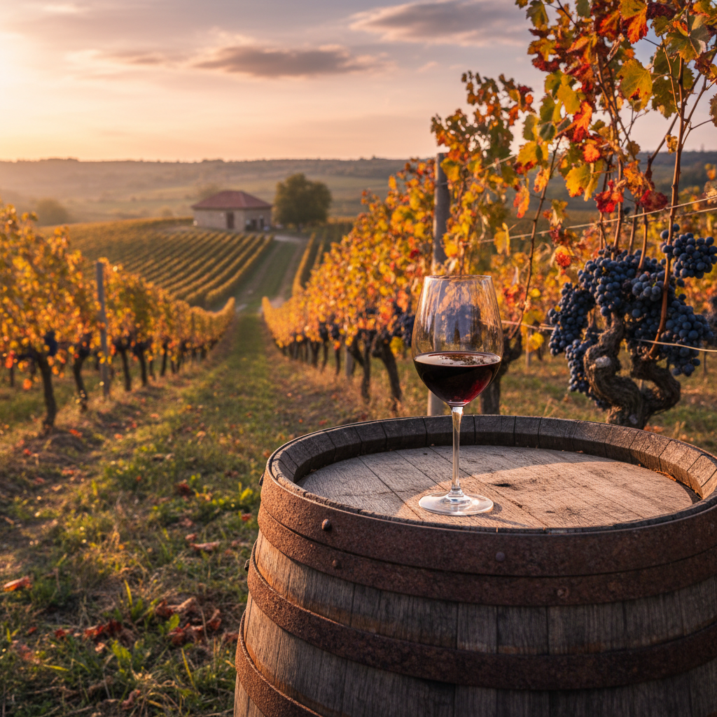 Vinhedo romeno ao pôr do sol com taça de vinho e barril de carvalho, simbolizando a mistura de tradição e modernidade.