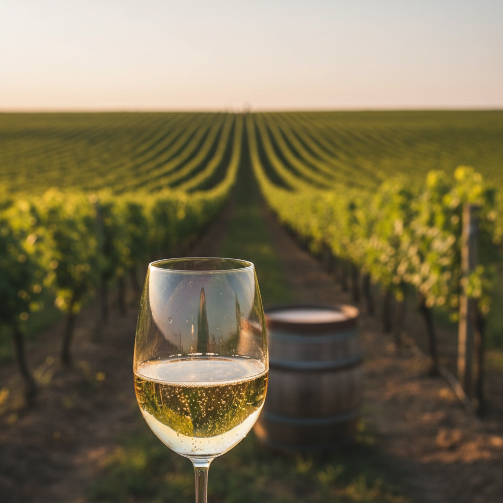 Vinhedo moldavo ao pôr do sol com taça de espumante e barril de madeira, simbolizando a tradição vinícola.