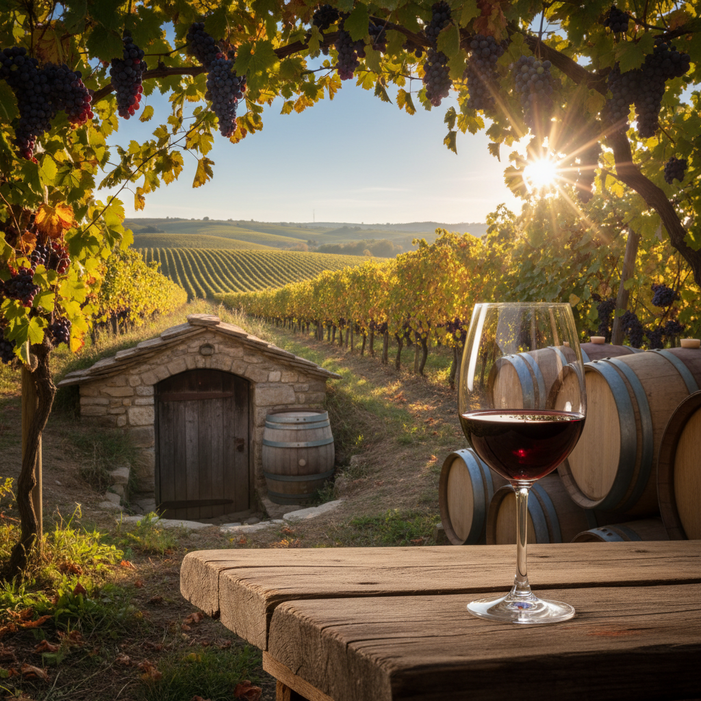 Vinhedo moldavo ao pôr do sol com barris de vinho e taça elegante, representando a qualidade emergente da Moldávia no cenário vinícola mundial.