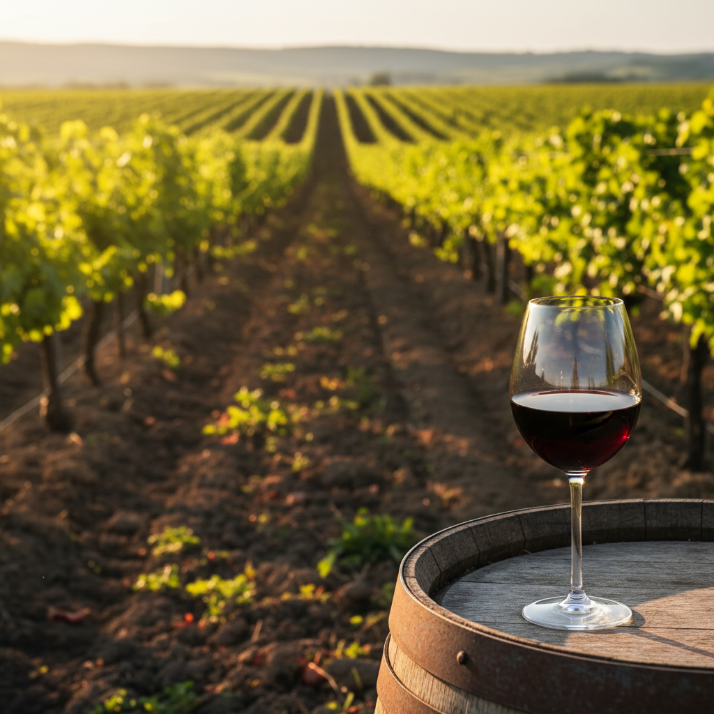 Vinhedo moldávio ao pôr do sol com taça de vinho e barril, simbolizando a riqueza da região vinícola da Moldávia.