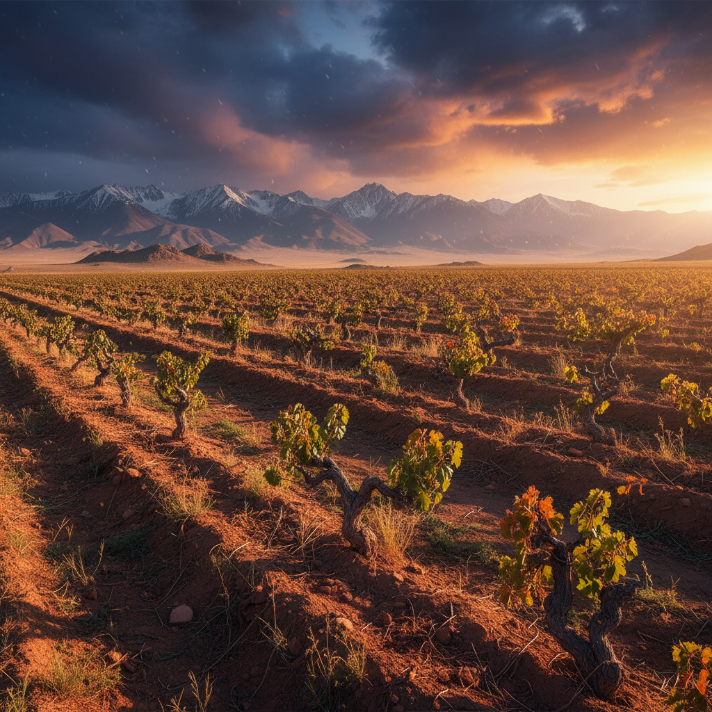 Vinhedo resistente em uma paisagem árida da Mongólia, com montanhas nevadas ao fundo, simbolizando o potencial vinícola da região.
