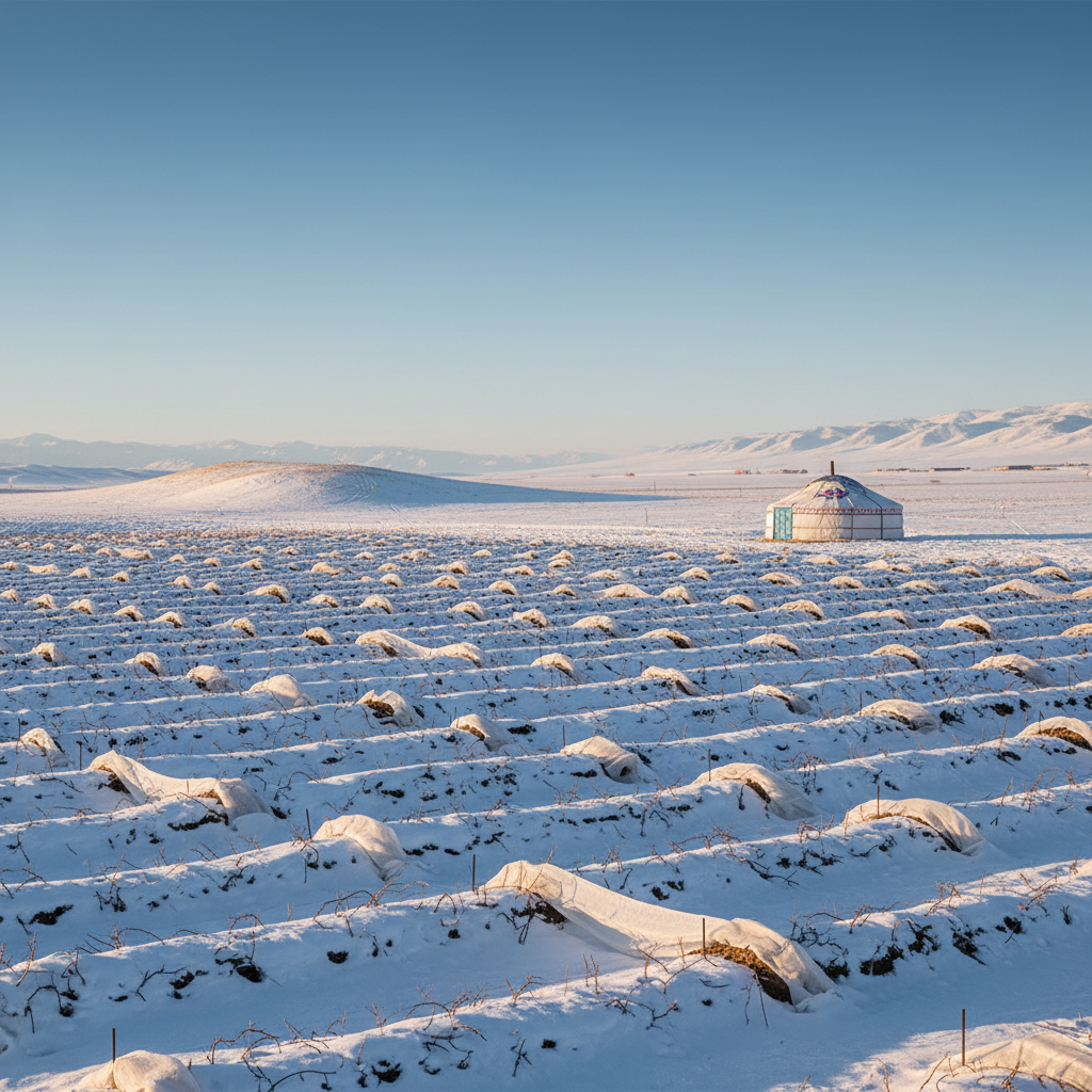Vinhedo na vastidão nevada da Mongólia, com videiras protegidas para o inverno e uma paisagem de estepe ao fundo, sob um céu azul-celeste.