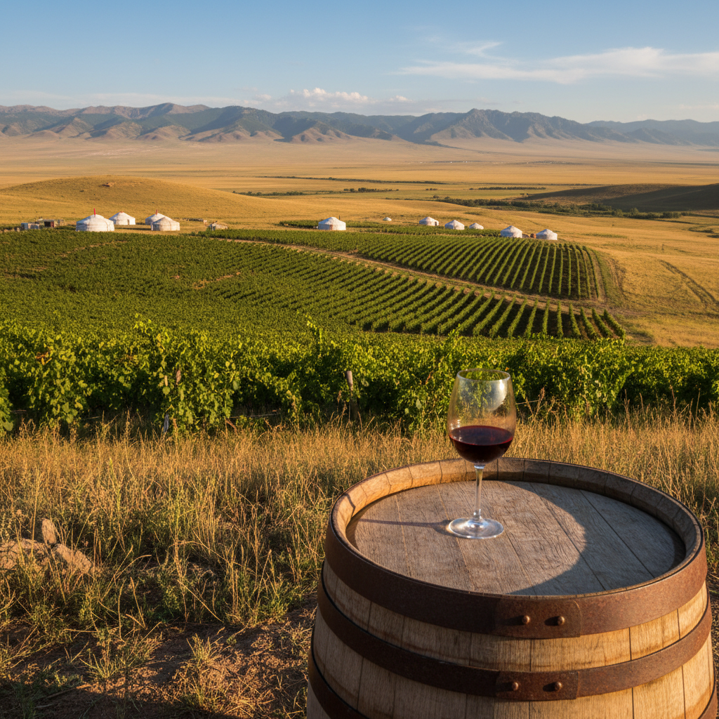 Vinhedo exótico na Mongólia, com taça de vinho tinto sobre barril de madeira, ao fundo a vasta estepe e yurts distantes.