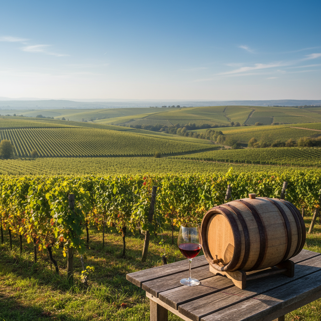 Vinhedos exuberantes da Morávia, República Tcheca, com colinas ondulantes e um barril de vinho rústico, simbolizando a rica produção vinícola da região.