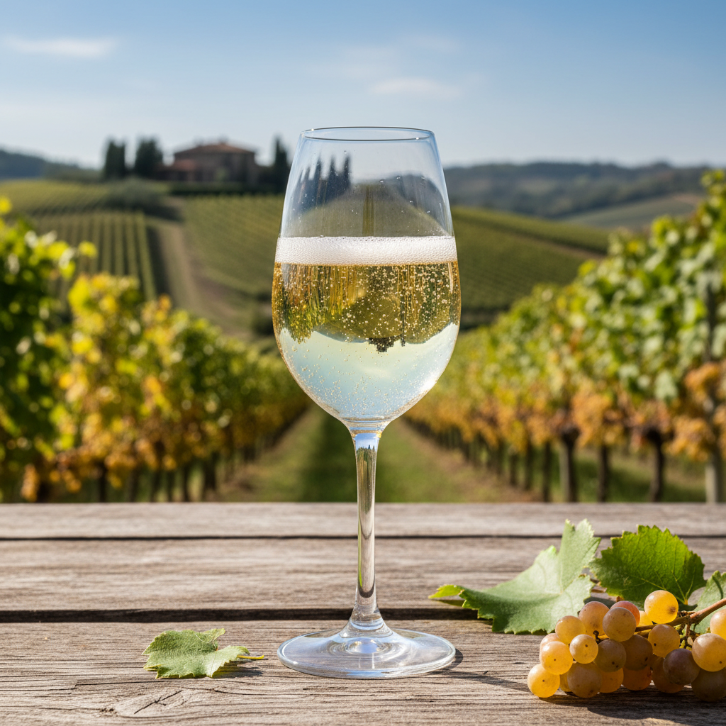 Uma taça de Moscato d'Asti borbulhante sobre uma mesa de madeira rústica, com um vinhedo italiano ensolarado ao fundo durante a colheita.
