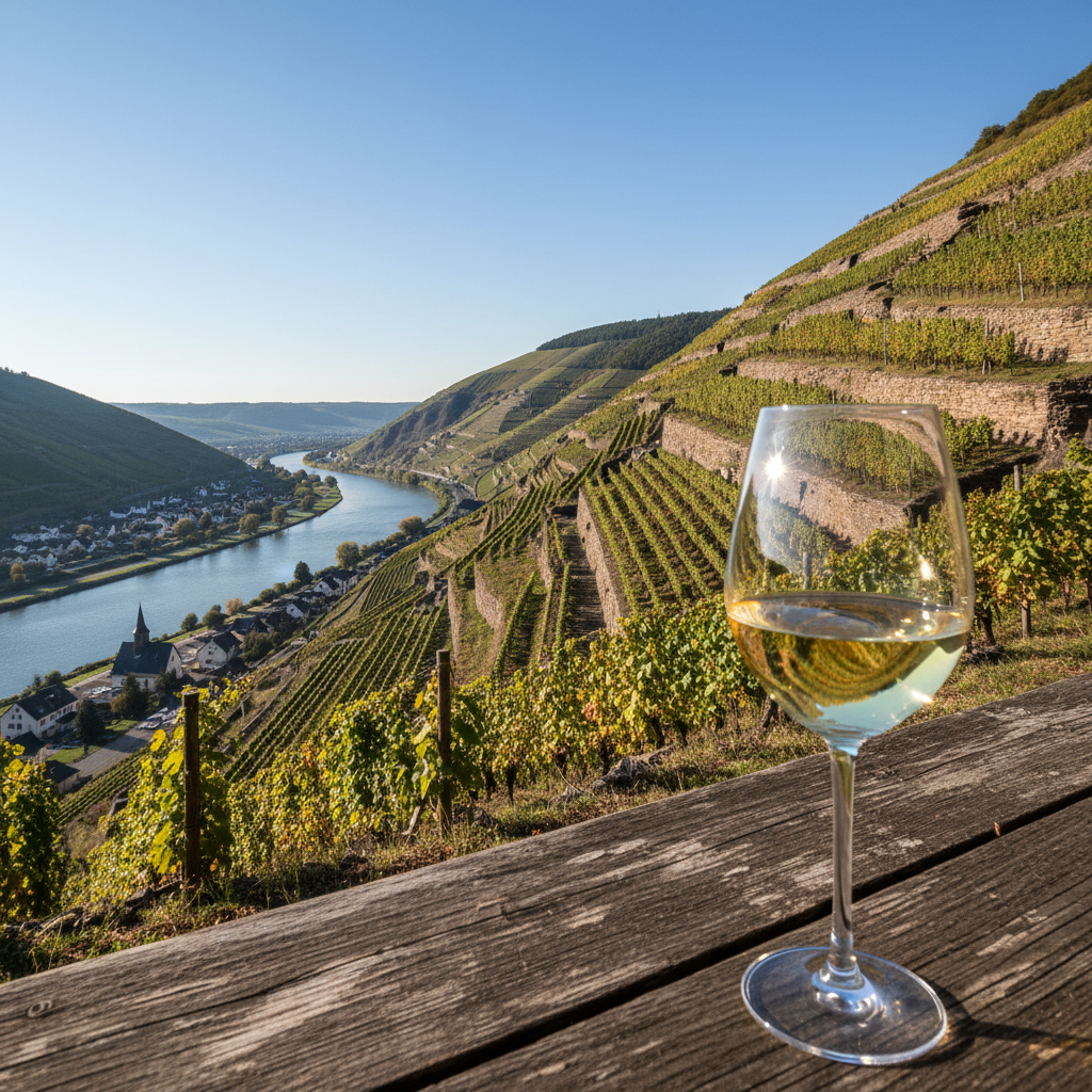 Paisagem deslumbrante dos vinhedos íngremes do Mosel, na Alemanha, com o rio Mosel serpenteando ao fundo e uma taça de Riesling em primeiro plano.