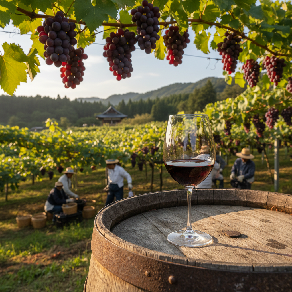 Um copo de vinho tinto de cor rubi intensa sobre um barril de madeira rústica, com um vinhedo japonês exuberante ao fundo sob um pôr do sol suave.