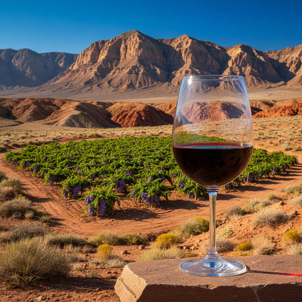 Um vinhedo verdejante em contraste com a paisagem árida do deserto da Namíbia, com uma taça de vinho em primeiro plano, simbolizando a cultura vinícola emergente.