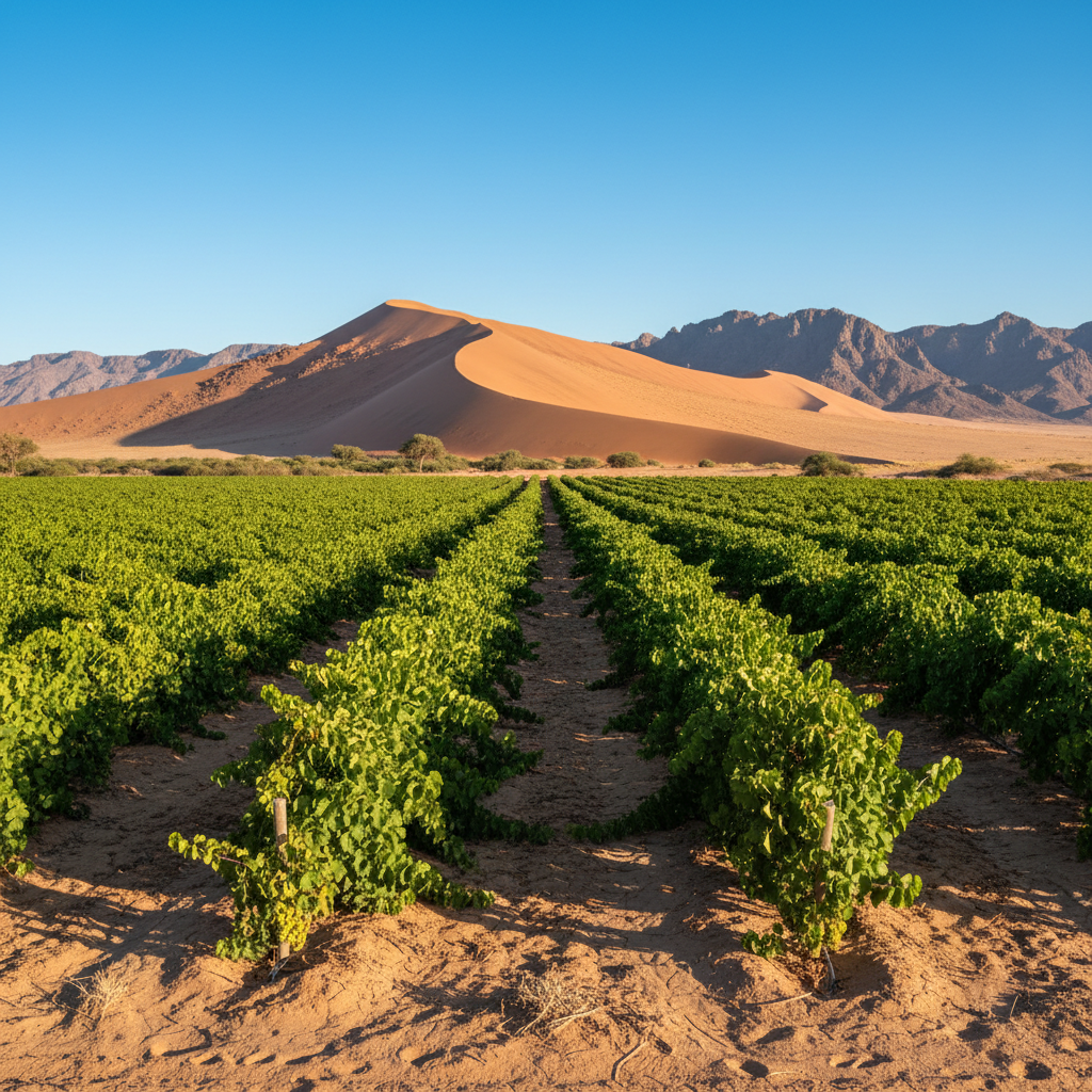 Vinhedo verdejante prosperando em meio às dunas e montanhas do deserto da Namíbia, simbolizando a viticultura inesperada na região.