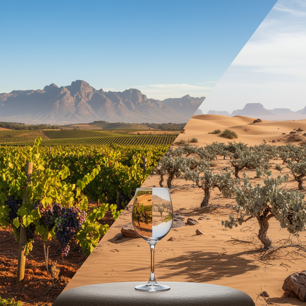Taça de vinho em primeiro plano, com vinhedos exuberantes da África do Sul e vinhedos áridos da Namíbia ao fundo, simbolizando a comparação enológica.