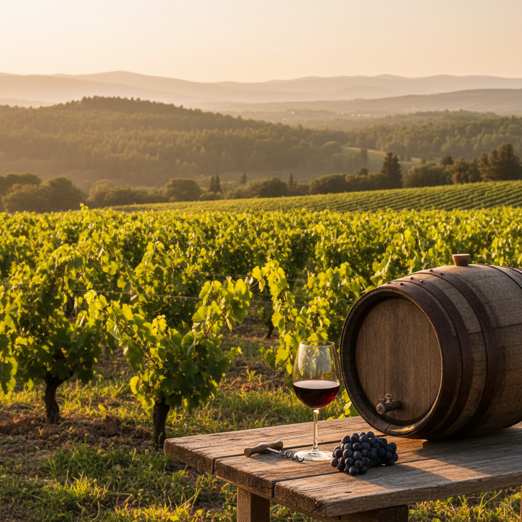 Vinhedo de Xinomavro em Naoussa ao pôr do sol com taça de vinho tinto e barril, simbolizando a tradição e elegância dos vinhos gregos.