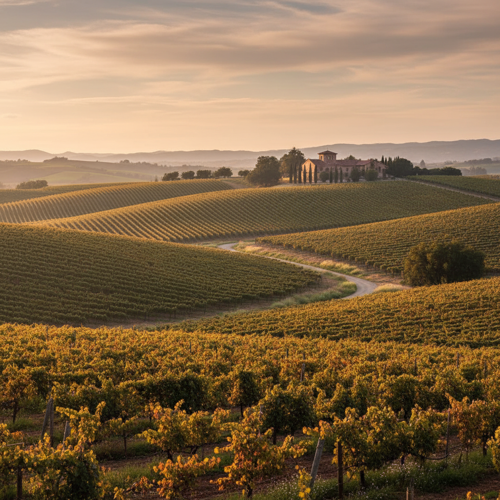 Vista panorâmica de vinhedos de Napa Valley sob luz dourada, com colinas suaves e uma vinícola clássica ao fundo, evocando a beleza e o luxo da região.