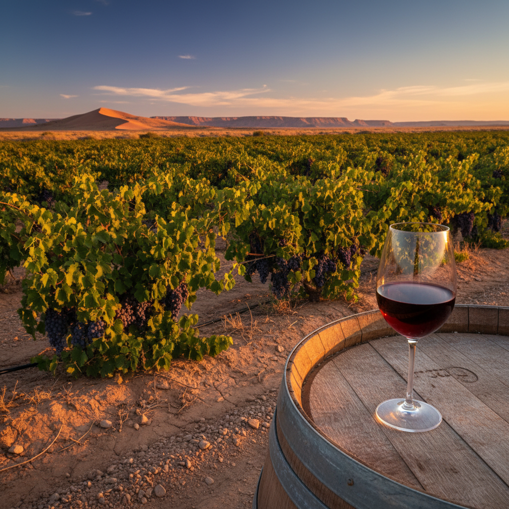 Vinhedo exuberante no deserto do Neguev, Israel, com um copo de vinho tinto sobre um barril de madeira rústico ao pôr do sol.