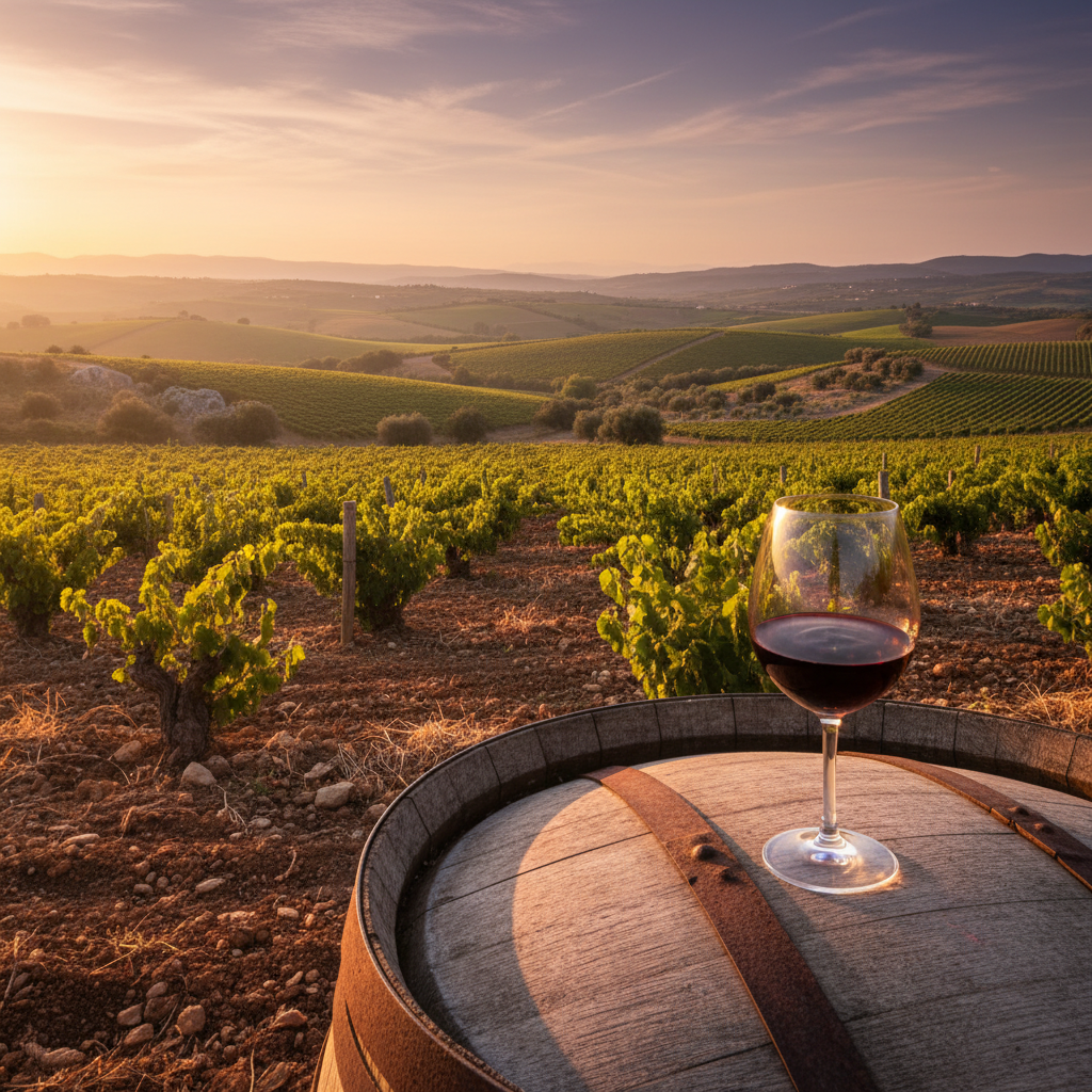 Vinhedos de Agiorgitiko em Nemea ao pôr do sol, com um barril de madeira e uma taça de vinho tinto grego.
