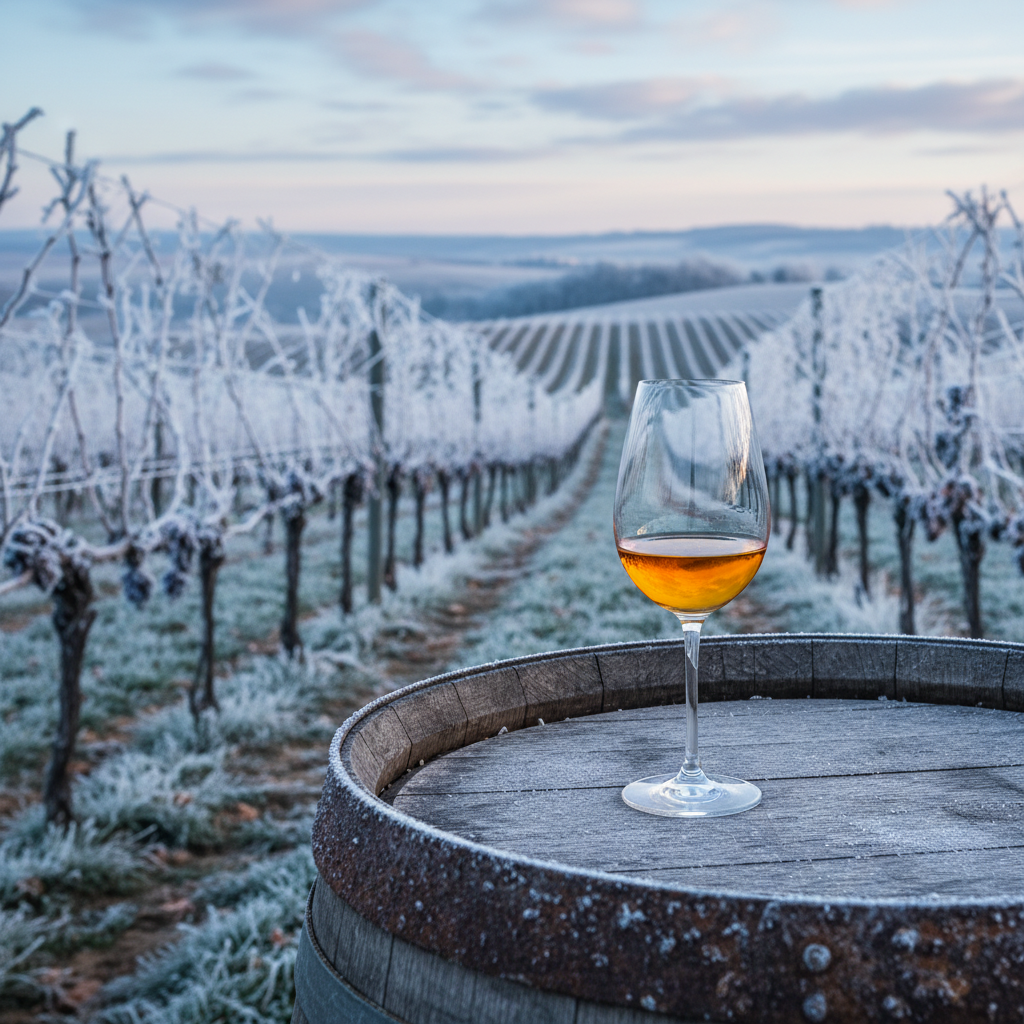 Taça de Icewine dourado sobre um barril de madeira rústico, com um vinhedo coberto de geada na Península do Niágara ao fundo, evocando a atmosfera fria da colheita.