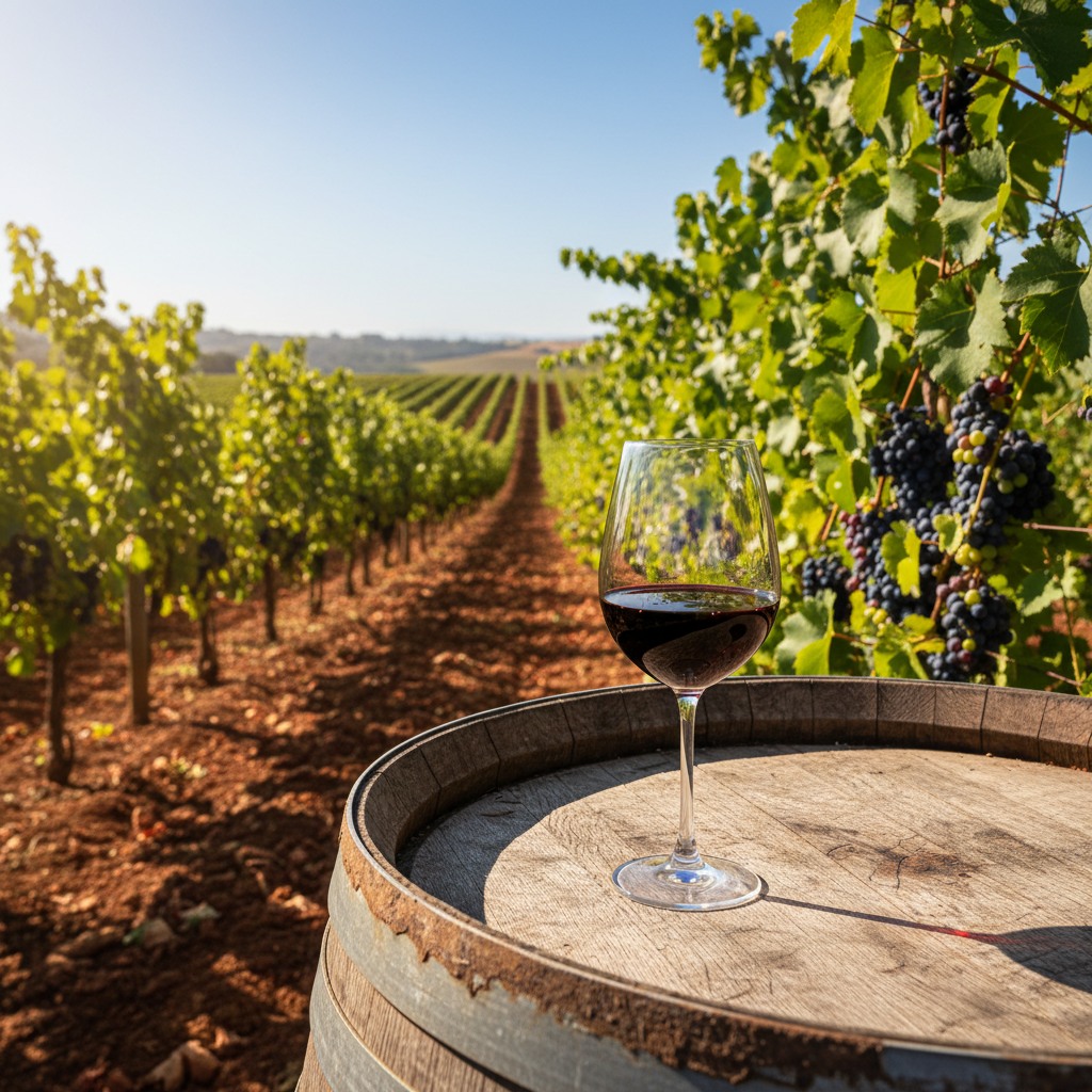 Uma taça de vinho tinto repousa sobre um barril de madeira rústico, com um vinhedo moderno e ensolarado estendendo-se ao fundo, sugerindo o potencial vitivinícola na Nigéria.