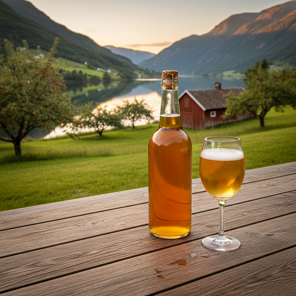 Mesa rústica com garrafa de sidra e copo de hidromel artesanais, em cenário idílico de fiorde norueguês e pomares, sob luz dourada.