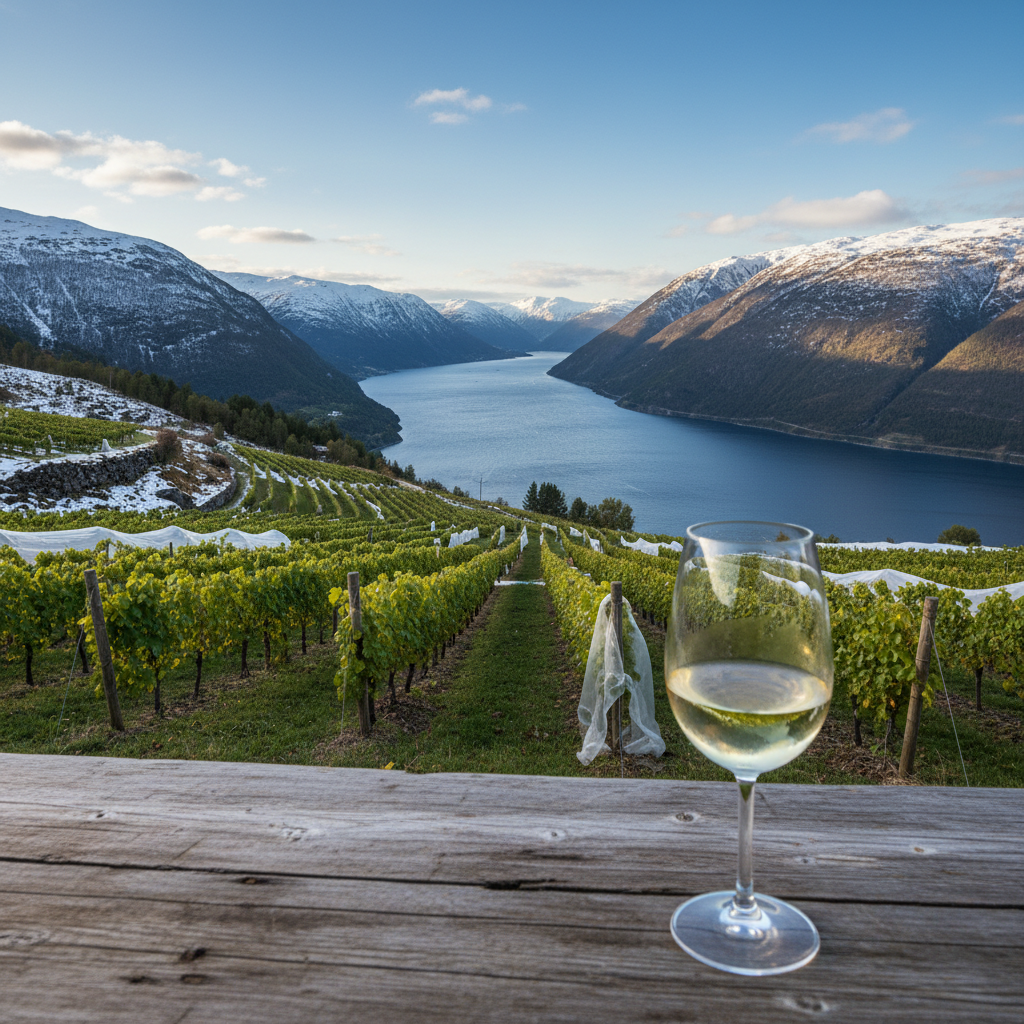 Vinhedo norueguês com parreiras verdes em meio a montanhas e neve, com uma taça de vinho branco em primeiro plano, simbolizando a viticultura em climas frios.