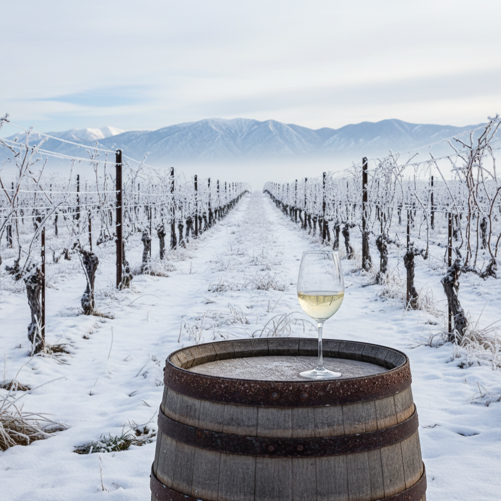 Vinhedo coberto de neve em uma região nórdica, com um barril de vinho rústico e uma taça de vinho branco, simbolizando a viticultura de clima frio.