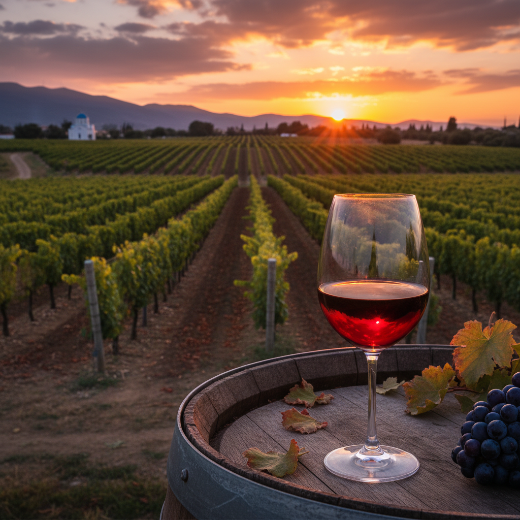 Vinhedo grego moderno ao pôr do sol com um copo de vinho tinto sobre um barril de madeira, simbolizando a inovação e tradição dos vinhos gregos sustentáveis.