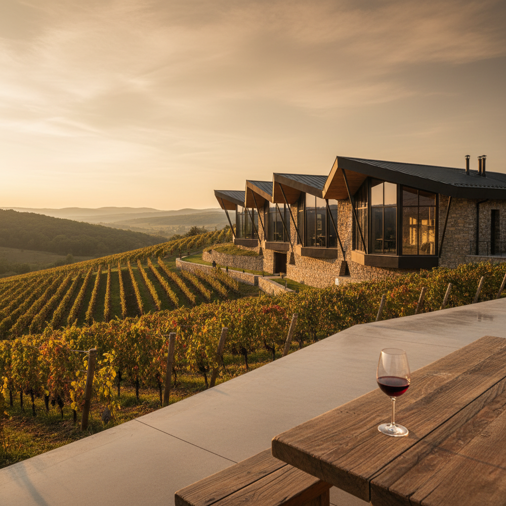Vinhedo romeno com arquitetura moderna de vinícola e taça de vinho em mesa de degustação ao entardecer.