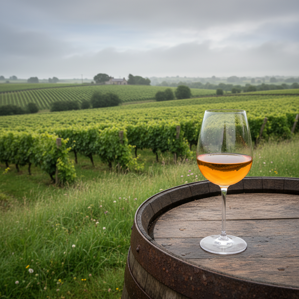 Vinhedo verde exuberante na Irlanda com um copo de vinho em um barril de madeira, refletindo a paisagem serena.