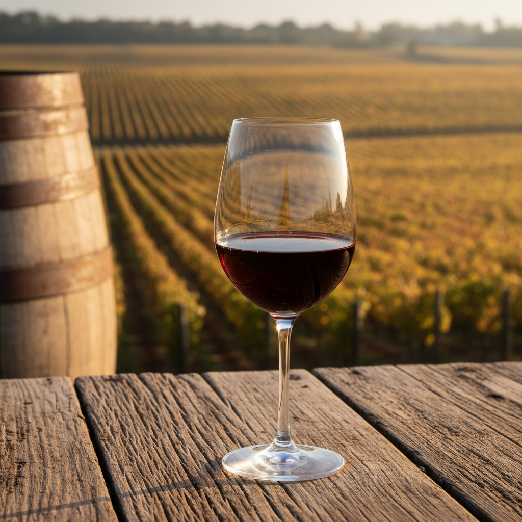 Taça de vinho tinto em primeiro plano com vinhedo histórico e barril de carvalho no fundo, simbolizando a longa história do vinho.