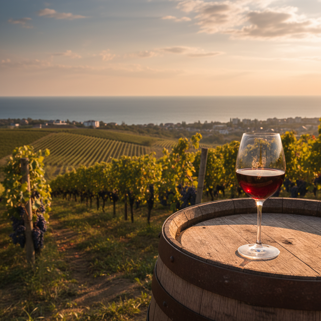 Vinhedo ensolarado em Odessa, Ucrânia, com vista para o Mar Negro, e uma taça de vinho tinto sobre um barril de madeira.