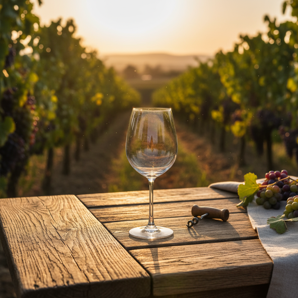 Taça de vinho vazia em mesa rústica de madeira no meio de um vinhedo ensolarado, simbolizando a pureza e a artesanalidade do vinho Pet Nat.
