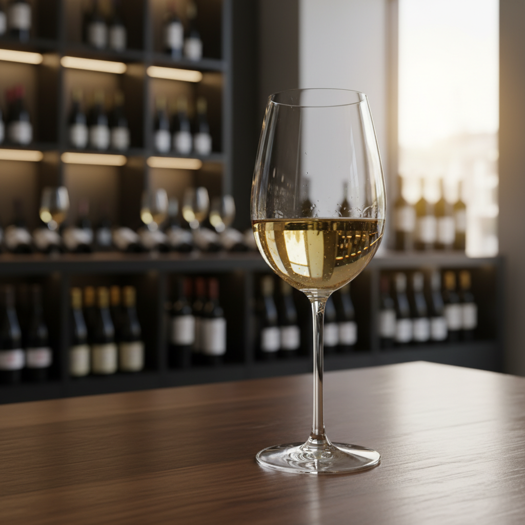 Taça de vinho Riesling alemão em mesa de madeira, com garrafas de vinho desfocadas ao fundo em uma loja de vinhos elegante.