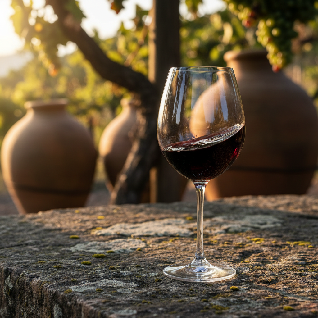 Taça de vinho tinto sobre superfície de pedra, com karas e vinhedo armênio ao fundo.