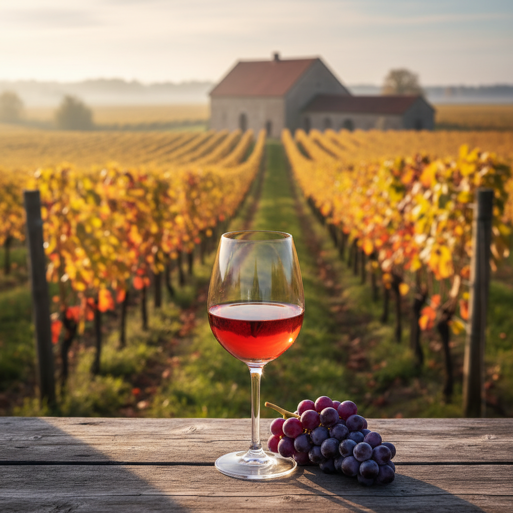 Vinhedo estoniano ao pôr do sol com taça de vinho tinto e uvas frescas em mesa de madeira.