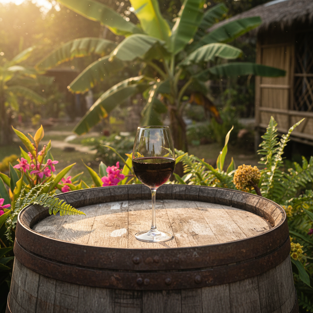 Taça de vinho tinto em barril de madeira, com paisagem tropical filipina ao fundo e folhagem exuberante.