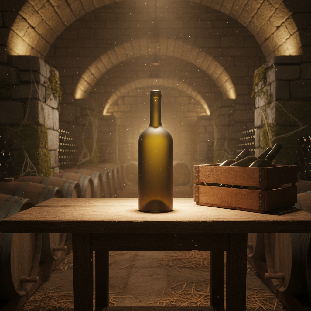 Garrafas de vinho raro em uma adega rústica, com iluminação acolhedora, prontas para serem colecionadas.