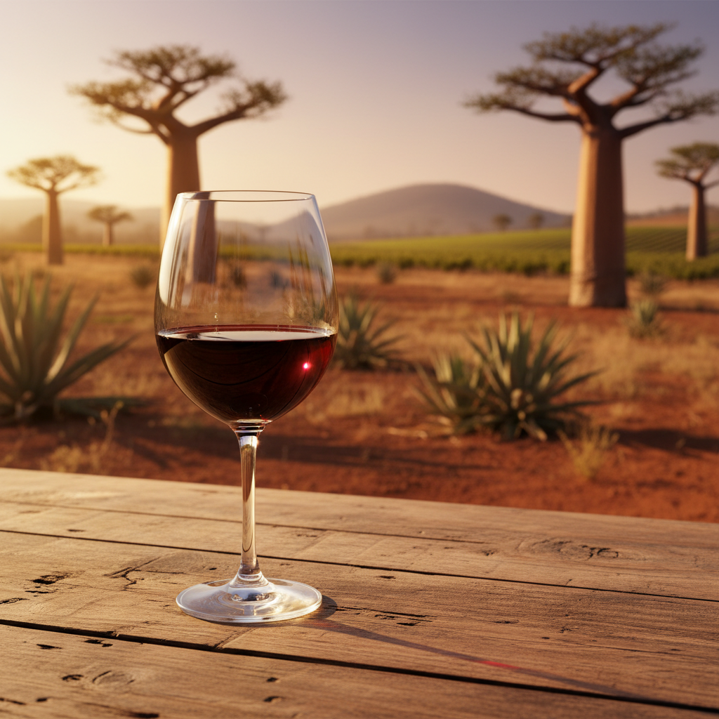 Taça de vinho tinto em mesa rústica com paisagem exótica de Madagascar desfocada ao fundo.