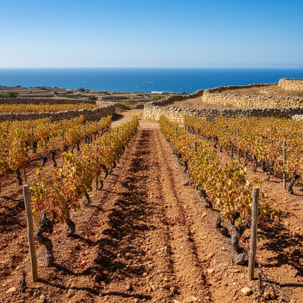 Vinhedo maltês sob o sol, com vista para o Mediterrâneo e arquitetura tradicional de pedra.
