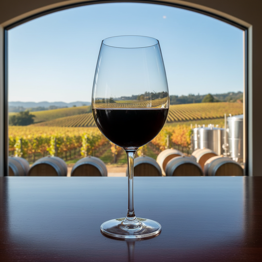 Taça de vinho tinto em mesa de madeira, com vinhedo ensolarado e barris de carvalho ao fundo, evocando paisagem marroquina.