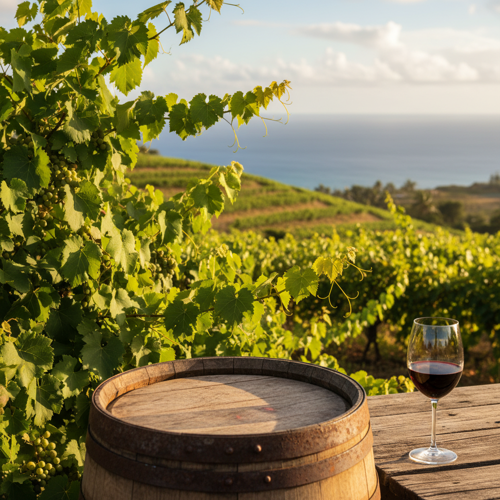 Vinhedo exuberante em Moçambique sob o sol, com barris de vinho de madeira e uma taça elegante, simbolizando a produção e a experiência da degustação.