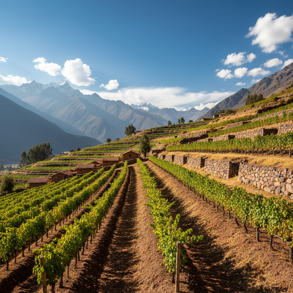 Vinhedo de alta altitude nos Andes peruanos, com fileiras de videiras sob um céu azul, representando a origem dos vinhos peruanos.