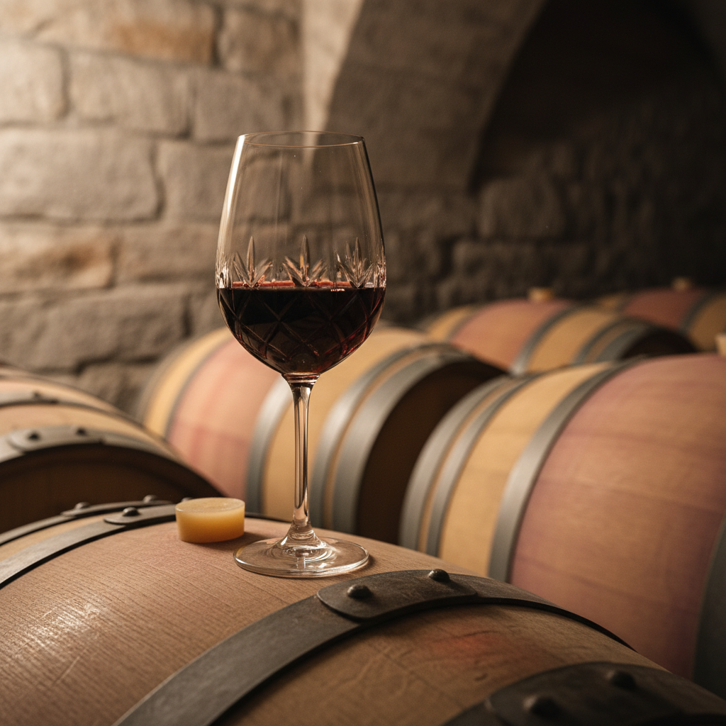 Taça de vinho tinto repousando sobre um barril de carvalho em uma adega polonesa tradicional, com iluminação quente e ambiente acolhedor.