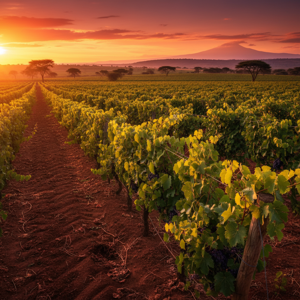 Vinhedo queniano exuberante ao pôr do sol, com fileiras de videiras e montanhas distantes sob um céu vibrante, representando a paisagem vitivinícola africana.