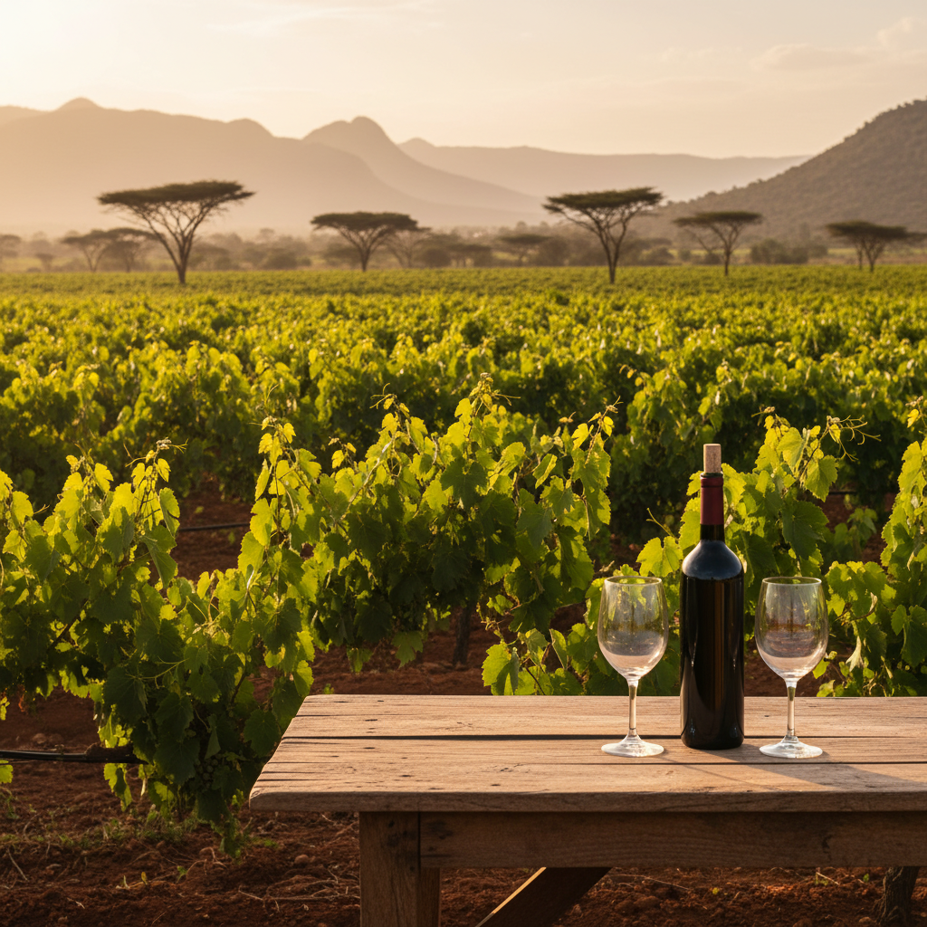 Paisagem de vinhedo tanzaniano iluminado pelo sol, com garrafa de vinho tinto e taças em primeiro plano.