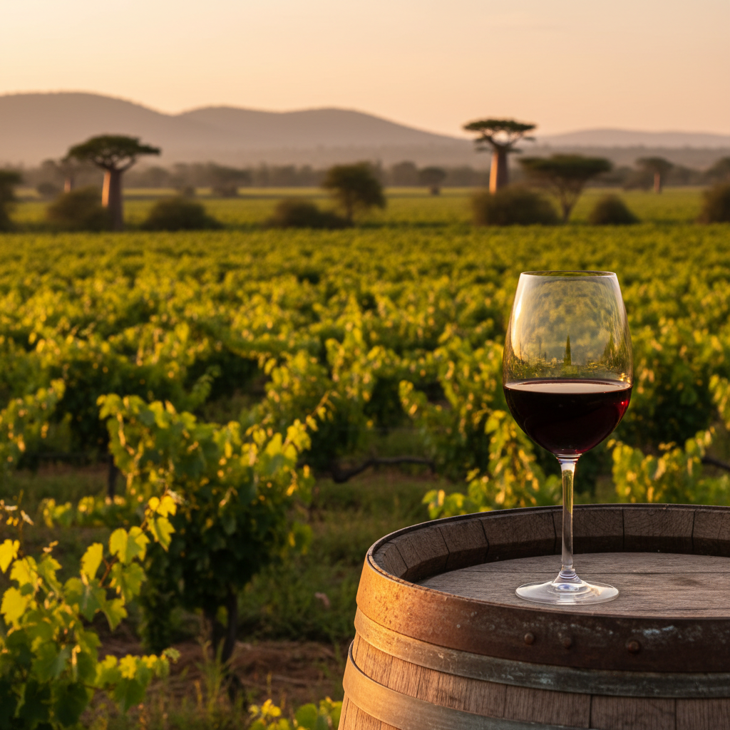 Vinhedo zimbabuano ao pôr do sol com taça de vinho tinto sobre barril de madeira, simbolizando a raridade e a beleza da produção local.