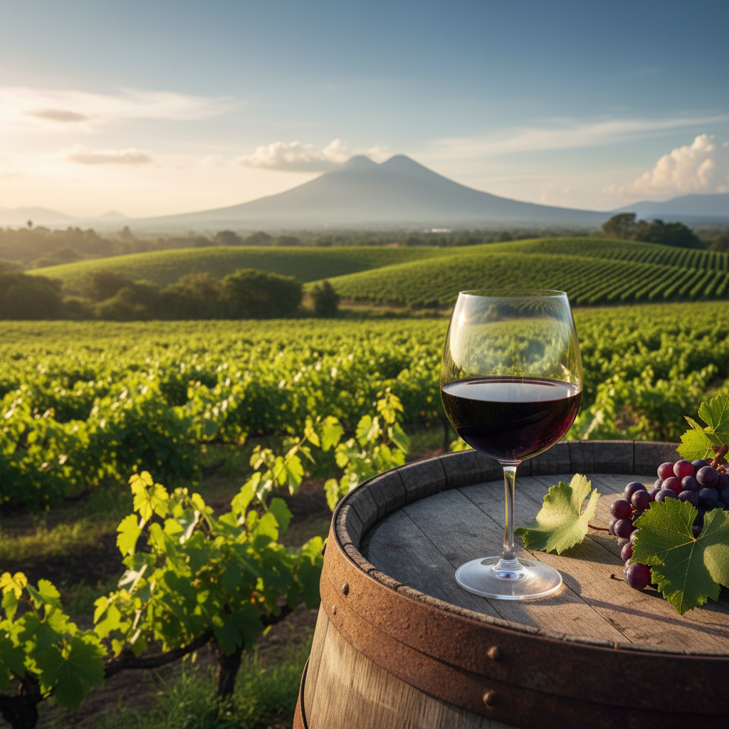 Vinhedo exuberante em El Salvador com um copo de vinho tinto em um barril rústico, simbolizando a descoberta de vinhos exóticos e o apoio a produtores locais.