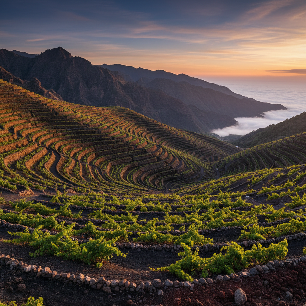 Vinhedo de alta altitude na Guatemala com solo vulcânico ao pôr do sol
