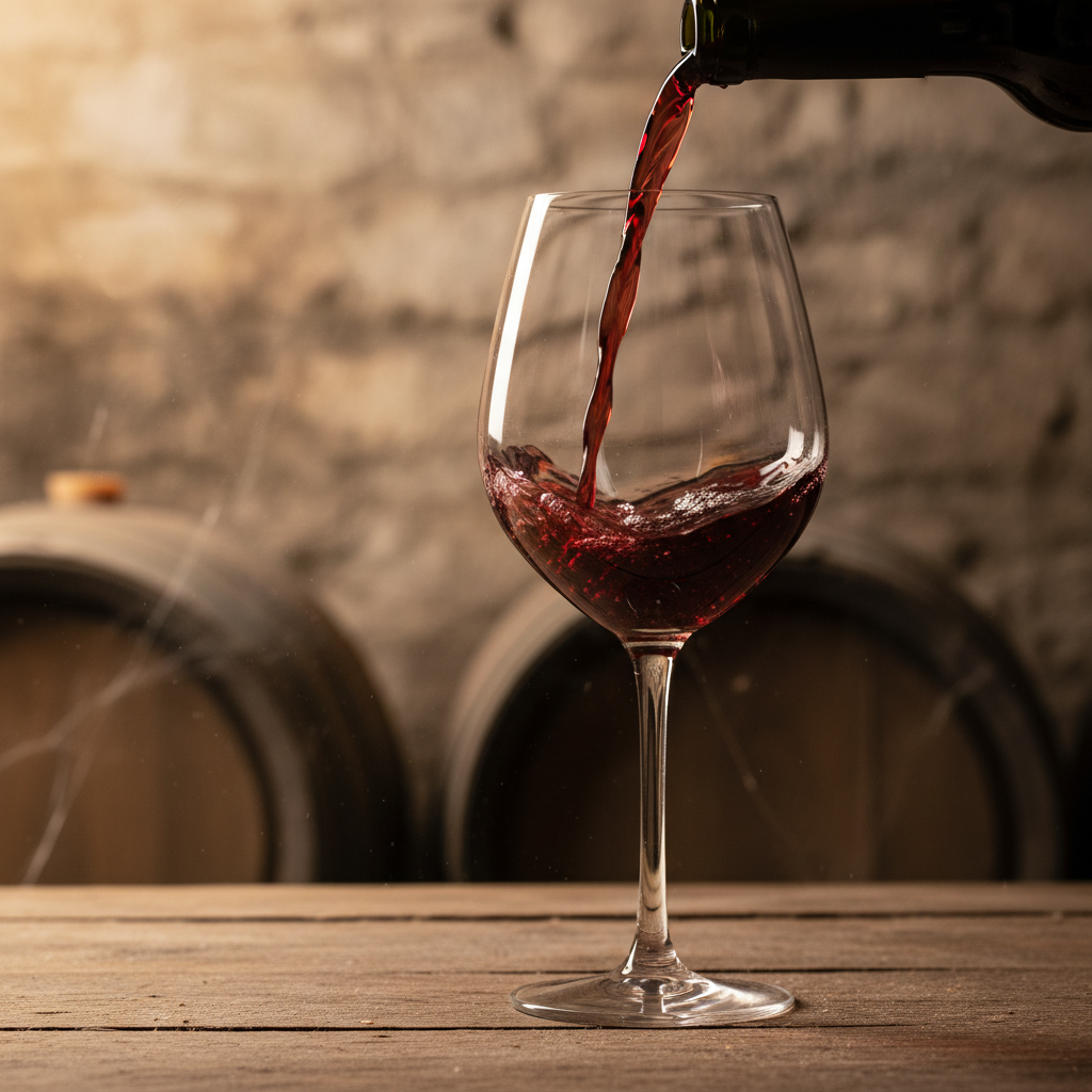 Taça de vinho tinto sendo servida em uma adega antiga com luz ambiente, evocando a descoberta de vinhos de qualidade.